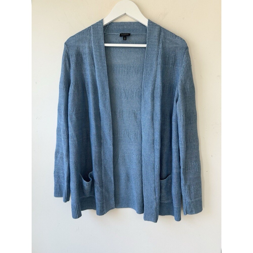 Talbots Women’s 100% Linen Blue Denim Cardigan Sweater Size M Casual Pockets